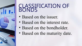 CLASSIFICATION OF
BONDS
? Based on the issuer.
? Based on the interest rate.
? Based on the bondholder.
? Based on the maturity date.
 
