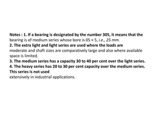 Notes : 1. If a bearing is designated by the number 305, it means that the 
bearing is of medium series whose bore is 05 × 5, i.e., 25 mm. 
2. The extra light and light series are used where the loads are 
moderate and shaft sizes are comparatively large and also where available 
space is limited. 
3. The medium series has a capacity 30 to 40 per cent over the light series. 
4. The heavy series has 20 to 30 per cent capacity over the medium series. 
This series is not used 
extensively in industrial applications. 
 