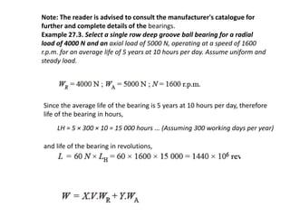 Note: The reader is advised to consult the manufacturer's catalogue for 
further and complete details of the bearings. 
Example 27.3. Select a single row deep groove ball bearing for a radial 
load of 4000 N and an axial load of 5000 N, operating at a speed of 1600 
r.p.m. for an average life of 5 years at 10 hours per day. Assume uniform and 
steady load. 
Since the average life of the bearing is 5 years at 10 hours per day, therefore 
life of the bearing in hours, 
LH = 5 × 300 × 10 = 15 000 hours ... (Assuming 300 working days per year) 
and life of the bearing in revolutions, 
 