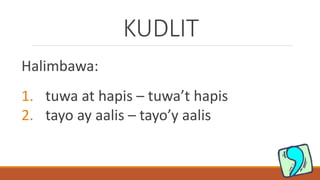 KUDLIT
Halimbawa:
1. tuwa at hapis – tuwa’t hapis
2. tayo ay aalis – tayo’y aalis
 