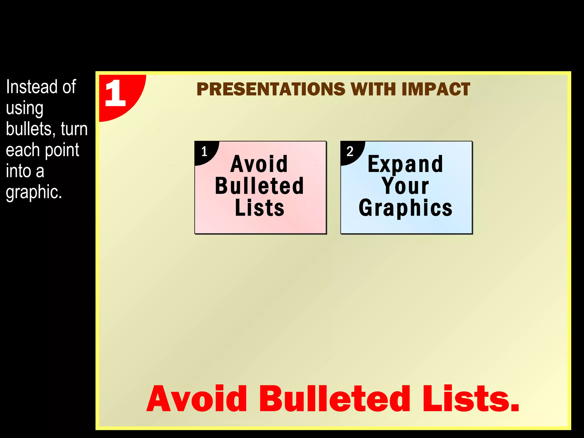 PRESENTATIONS WITH IMPACT 
Avoid 
Bulleted 
Lists 
1 
Avoid Bulleted Lists. 
Instead of 1 
using 
bullets, turn 
each point 
into a 
graphic. 
 