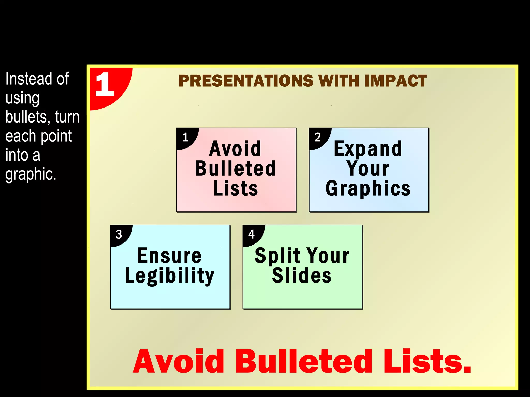 Avoid 
Bulleted 
Lists 
1 Expand 
Your 
Graphics 
2 
Ensure 
Legibility 
3 
PRESENTATIONS WITH IMPACT 
Avoid Bulleted Lists. 
Instead of 1 
using 
bullets, turn 
each point 
into a 
graphic. 
 