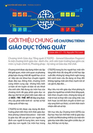 Trí
28 CHUYÊN ĐỀ HOA SEN - THÁNG 9/2O15
GIỚITHIỆUCHUNGVỀCHƯƠNGTRÌNH
GIÁO DỤCTỔNG QUÁT
Giám đốc CT - TS. Nguyễn Thị Loan
Chương trình Giáo dục Tổng quát (CTGDTQ - General Education Program)
là một chương trình giáo dục dành cho sinh viên toàn trường bao gồm các
môn: Lý luận chính trị, Phương pháp – kỹ năng và Giáo dục thể chất.
Chươngtrìnhđượcxâydựngnhằmxáclập
thế giới quan, nhân sinh quan và phương
pháp luận chung nhất để người học có cơ
sở tiếp cận các khoa học chuyên ngành
được đào tạo. Đồng thời, chương trình
cũng nhằm cung cấp những hiểu biết
cơ bản về rèn luyện và bảo vệ sức khoẻ
cho sinh viên. Nội dung các môn học của
chương trình đã góp phần giáo dục và
đào tạo thế hệ trẻ phát triển toàn diện cả
về ĐỨC–TRÍ–THỂ-MỸđểđápứngđược
nhu cầu phát triển kinh tế - xã hội và hội
nhập quốc tế hiện nay.
CTGDTQ từ khi được xây dựng đã định
hướng phát triển theo tinh thần giáo dục
khai phóng (Liberal Education)- một triết
lý giáo dục đề cao giá trị con người, xác
định con người là trung tâm, xem trọng
giáo dục con người. Các môn học trong
CTGDTQ trang bị cho người học một nền
tảng kiến thức đủ rộng để có thể học tập
suốt đời; những kỹ năng thích nghi trong
bối cảnh toàn cầu đa dạng và thay đổi
không ngừng; một cảm thức mạnh mẽ về
các giá trị, đạo đức…
Mục tiêu mà nền giáo dục khai phóng là
giúpchongườihọccókiếnthứctổngquát,
kiến thức chuyên môn, những kỹ năng về
mặt trí tuệ và thực tiễn vừa vững chắc vừa
linh hoạt (có thể dịch chuyển từ lãnh vực
nàysanglãnhvựckhác), có tinh thần trách
nhiệm đối với xã hội.
Với mục tiêu ấy, Chương trình GDTQ của
Đại học Hoa Sen thể hiện triết lý giáo dục
cụthểcủaNhàtrường:triếtlýcủamộtnền
giáodụctoàndiện,baogồmcảđứcdục,trí
dục, thể dục và mỹ dục.
 