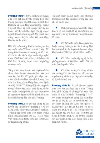 Phương thức 1: 2.070 chỉ tiêu xét tuyển
dựa trên kết quả kỳ thi Trung học phổ
thông quốc gia cho tất cả các ngành bậc
Đại học và Cao đẳng của trường. Riêng
3 ngành Thiết kế thời trang, Thiết kế đồ
họa, Thiết kế nội thất (gọi chung là các
ngành thuộc nhóm ngành Mỹ thuật ứng
dụng) có xét tuyển thêm kết quả năng
khiếu của thí sinh.
Đối với môn năng khiếu, trường nhận
xét tuyển môn Vẽ hình họa và (hoặc) Vẽ
trang trí màu của các trường có tổ chức
thi; hoặc thí sinh nộp tuyển tập nghệ
thuật tối thiểu 3 tác phẩm, trình bày với
khổ A4, chủ đề tự do và tham dự phỏng
vấn trực tiếp.
Tổng điểm của 3 môn xét tuyển (điểm
chưa nhân hệ số, nếu có) theo kết quả
của kỳ thi THPT quốc gia đạt mức
điểm tối thiểu đảm bảo chất lượng đầu
vào Đại học, Cao đẳng theo quy định
của Bộ GD&ĐT. Riêng đối với 3 ngành
thuộc nhóm Mỹ thuật ứng dụng, điểm
xét tuyển là tổng điểm của các môn theo
tổ hợp môn đạt mức điểm tối thiểu đảm
bảo chất lượng đầu vào của Trường.
Phương thức 2: 90 chỉ tiêu dùng để xét
tuyển các thí sinh tốt nghiệp THPT có
năng khiếu về mỹ thuật, thiết kế, hội họa.
Trường xét tuyển dựa trên điểm trung
bình cộng của năm lớp 10, 11, 12, môn
Văn và môn Sử đạt từ 6,0 điểm trở lên, có
sơ tuyển năng khiếu.
Thí sinh tham gia xét tuyển theo phương
thức này cần đáp ứng một trong các tiêu
chí sơ tuyển sau:
	 Đạt giải trong các cuộc thi năng
khiếu về mỹ thuật, thiết kế, hội họa do
các đơn vị có uy tín trong và ngoài nước
tổ chức.
	 Có điểm thi môn Trang trí màu
hoặc tương đương của các trường Đại
học có tổ chức thi tuyển sinh môn năng
khiếu năm 2016 đạt từ 5,0 điểm trở lên.
	 Có điểm tuyển tập nghệ thuật,
phỏng vấn đạt từ 5,0 điểm trở lên đối với
mỗi thành phần điểm.
	 Có điểm sơ tuyển năng khiếu
do trường Đại học Hoa Sen tổ chức sơ
tuyển năng khiếu trực tiếp tại trường đạt
từ 5,0 điểm trở lên
Phương thức 3: 150 chỉ tiêu xét tuyển
dựa trên kết quả học tập 3 năm Trung
học phổ thông và chứng chỉ Anh văn
quốc tế. Các thí sinh Tốt nghiệp THPT
với điểm trung bình cộng của năm lớp
10, 11 và lớp 12 đạt từ 6,0 điểm trở lên,
có thêm chứng chỉ Anh văn quốc tế
(Academic) đạt IELTS 6,5 trở lên hoặc
điểm thi TOEFL iBT 89 trở lên đối với
các ngành bậc Đại học; IELTS 6,0 trở lên
hoặc điểm thi TOEFL iBT 80 trở lên đối
với các ngành bậc Cao đẳng thỏa điều
kiện xét tuyển..
15NHỮNGĐIỀUCẦNBIẾT
 