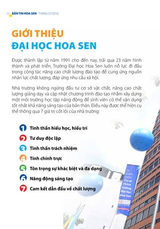 GIỚI THIỆU
ĐẠI HỌC HOA SEN
Được thành lập từ năm 1991 cho đến nay, trải qua 23 năm hình
thành và phát triển, Trường Đại học Hoa Sen luôn nỗ lực đi đầu
trong công tác nâng cao chất lượng đào tạo để cung ứng nguồn
nhân lực chất lượng, đáp ứng nhu cầu xã hội.
Nhà trường không ngừng đầu tư cơ sở vật chất, nâng cao chất
lượng giảng dạy và cập nhật chương trình đào tạo nhằm xây dựng
một môi trường học tập năng động để sinh viên có thể vận dụng
tốt nhất khả năng sáng tạo của bản thân. Điều này được thể hiện cụ
thể thông qua 7 giá trị cốt lõi của nhà trường:
1
2
3
4
5
6
7
Tinh thần hiếu học, hiếu tri
Tư duy độc lập
Tinh thần trách nhiệm
Tính chính trực
Tôn trọng sự khác biệt và đa dạng
Năng động sáng tạo
Cam kết dẫn đầu về chất lượng
28 BẢNTINHOASEN -THÁNG 07/2016
 