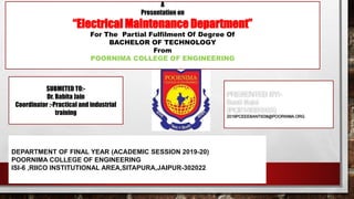 2016PCEEEBANTI038@POORNIMA.ORG
SUBMETED TO:-
Dr. Babita Jain
Coordinator :-Practical and industrial
training
DEPARTMENT OF FINAL YEAR (ACADEMIC SESSION 2019-20)
POORNIMA COLLEGE OF ENGINEERING
ISI-6 ,RIICO INSTITUTIONAL AREA,SITAPURA,JAIPUR-302022
A
Presentation on
“Electrical Maintenance Department”
For The Partial Fulfilment Of Degree Of
BACHELOR OF TECHNOLOGY
From
POORNIMA COLLEGE OF ENGINEERING
 