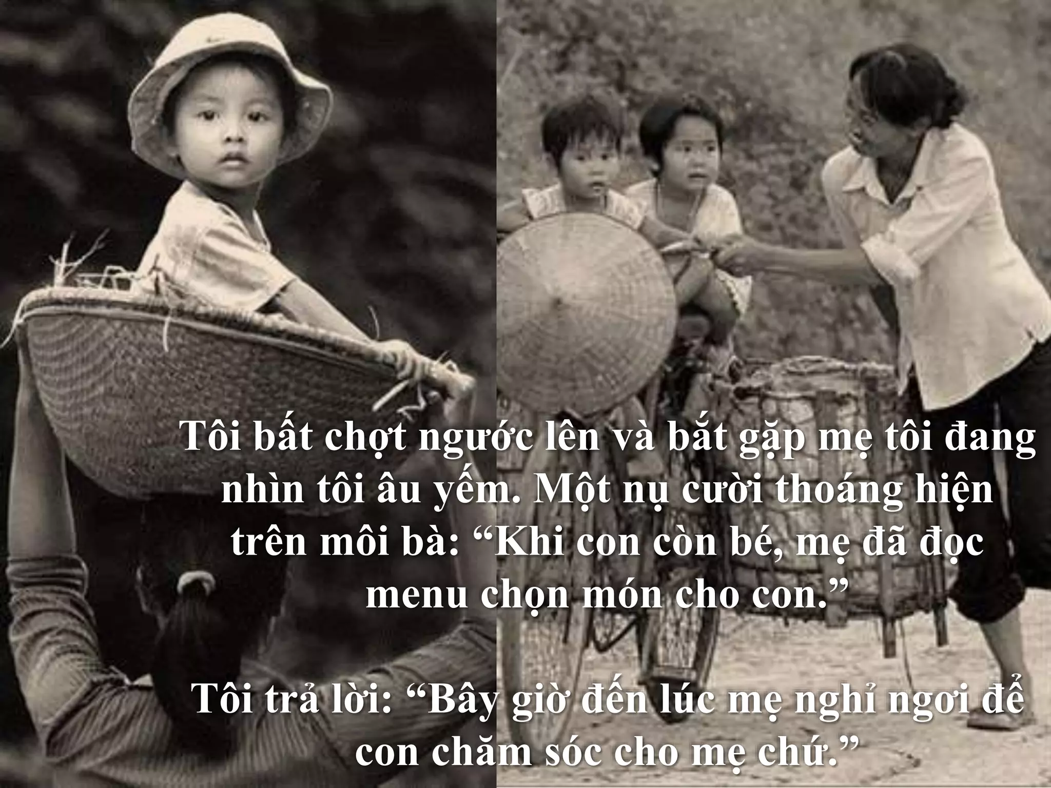 Cäm ơn đời... 
Tôi bất chợt ngước lên và bắt gặp mẹ tôi đang 
nhìn tôi âu yếm. Một nụ cười thoáng hiện 
trên môi bà: “Khi con còn bé, mẹ đã đọc 
menu chọn món cho con.” 
Tôi trả lời: “Bây giờ đến lúc mẹ nghỉ ngơi để 
con chăm sóc cho mẹ chứ.” 
 