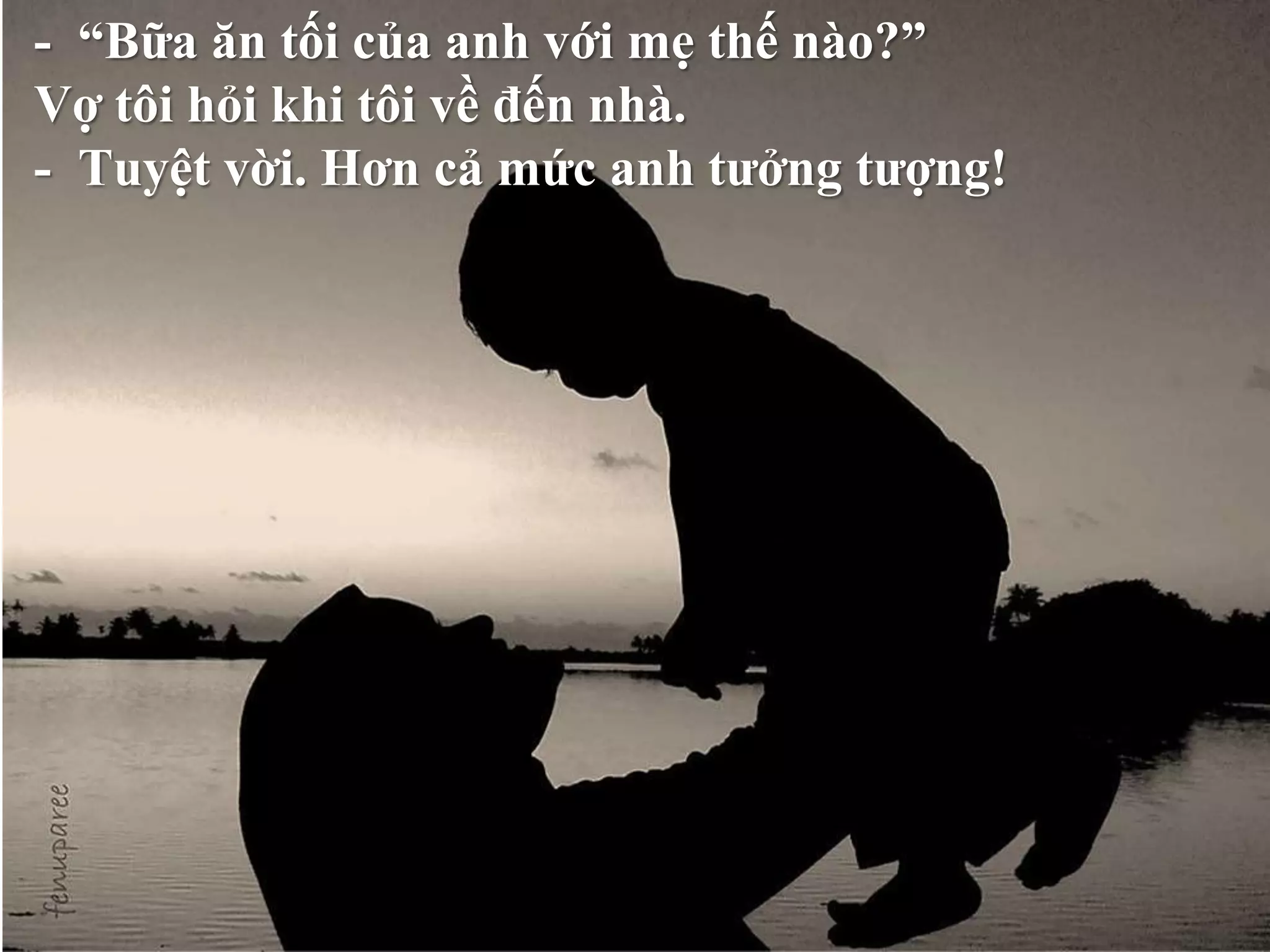 - “Bữa ăn tối của anh với mẹ thế nào?” 
Vợ tôi hỏi khi tôi về đến nhà. 
- Tuyệt vời. Hơn cả mức anh tưởng tượng! 
 