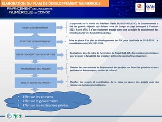 ELABORATION DU PLAN DE DEVELOPPEMENT NUMERIQUE
VISION GOUVERNEMENT
STRATEGIE DEVELOPPEMENT
OPERATIONALISATION LA STRATEGIE
FINANCEMENT DES PROJETS
MISE EN ŒUVRE DES PROJET
• Effet sur les citoyens
• Effet sur le gouvernance
• Effet sur les entreprises privées
S’appuyant sur la vision du Président Denis SASSOU NGUESSO, le Gouvernement a
fixé les grands objectifs qui doivent faire du Congo un pays émergent à l’horizon
2025. A cet effet, il s’est résolument engagé dans une stratégie de déploiement des
infrastructures très haut débit au Congo.
Mise en place d’un plan de développement des TIC pour la période de 2015-2020. La
considération du PND 2012-2016.
Réalisation, dans le cadre de l’exécution du Projet CAB-CIT, des assistances techniques
pour évaluer la faisabilité des projets et estimer les coûts d’investissement
Elaborer les mécanismes de financement des projets, en fixant les priorités et leurs
pertinences économiques, sociales et culturel.
Planifier les projets et coordination de la mise en œuvre des projets avec des
ressources humaines compétentes
 