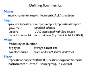 Deﬁning ﬂow metrics
Keys
Value
Filter
frames bytes duration
avg:bytes
count:ipsource
ipsource,ipdestination,tcpsourceport,tcpdestinationport
tcpdestinationport=80,8080 & destinationgroup=internal
mask:ipsource:24
Name
metric name for results, i.e. /metric/ALL/name/json
ipsource.1 tunneled address
mask address (e.g. result = 10.1.2.0/24)
count of distinct source addresses
average packet size
uuidsrc UUID associated with ﬂow source
hostnamesrc ~ '.*vm.*' | sourcegroup != external
 