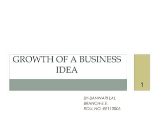 1
BY-BANWARI LAL
BRANCH-E.E.
ROLL NO.-EE110006
GROWTH OF A BUSINESS
IDEA
 
