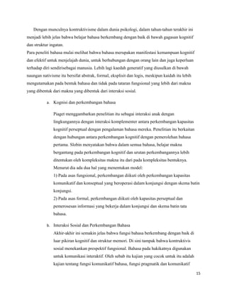 Dengan munculnya kontruktivisme dalam dunia psikologi, dalam tahun-tahun terakhir ini
menjadi lebih jelas bahwa belajar bahasa berkembang dengan baik di bawah gagasan kognitif
dan struktur ingatan.
Para peneliti bahasa mulai melihat bahwa bahasa merupakan manifestasi kemampuan kognitif
dan efektif untuk menjelajah dunia, untuk berhubungan dengan orang lain dan juga keperluan
terhadap diri sendirisebagai manusia. Lebih lagi kaedah generatif yang diusulkan di bawah
naungan nativisme itu bersifat abstrak, formal, eksplisit dan logis, meskipun kaidah itu lebih
mengutamakan pada bentuk bahasa dan tidak pada tataran fungsional yang lebih dari makna
yang dibentuk dari makna yang dibentuk dari interaksi sosial.
a. Kognisi dan perkembangan bahasa
Piaget menggambarkan penelitian itu sebagai interaksi anak dengan
lingkungannya dengan interaksi komplementer antara perkembangan kapasitas
kognitif perseptual dengan pengalaman bahasa mereka. Penelitian itu berkaitan
dengan hubungan antara perkembangan kognitif dengan pemerolehan bahasa
pertama. Slobin menyatakan bahwa dalam semua bahasa, belajar makna
bergantung pada perkembangan kognitif dan urutan perkembangannya lebih
ditentukan oleh kompleksitas makna itu dari pada kompleksitas bentuknya.
Menurut dia ada dua hal yang menentukan model:
1) Pada asas fungsional, perkembangan diikuti oleh perkembangan kapasitas
komunikatif dan konseptual yang beroperasi dalam konjungsi dengan skema batin
konjungsi.
2) Pada asas formal, perkembangan diikuti oleh kapasitas perseptual dan
pemerosesan informasi yang bekerja dalam konjungsi dan skema batin tata
bahasa.
b. Interaksi Sosial dan Perkembangan Bahasa
Akhir-akhir ini semakin jelas bahwa fungsi bahasa berkembang dengan baik di
luar pikiran kognitif dan struktur memori. Di sini tampak bahwa kontruktivis
sosial menekankan prespektif fungsional. Bahasa pada hakikatnya digunakan
untuk komunikasi interaktif. Oleh sebab itu kajian yang cocok untuk itu adalah
kajian tentang fungsi komunikatif bahasa, fungsi pragmatik dan komunikatif
15
 