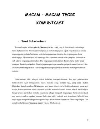 MACAM – MACAM TEORI
KOMUNIKASI
1. Teori Behaviorisme
Tokoh aliran ini adalah John B. Watson (1878 – 1958) yang di Amerika dikenal sebagai
bapak Behaviorisme. Teorinya memumpunkan perhatiannya pada aspek yang dirasakan secara
langsung pada perilaku berbahasa serta hubungan antara stimulus dan respons pada dunia
sekelilingnya. Menurut teori ini, semua perilaku, termasuk tindak balas (respons) ditimbulkan
oleh adanya rangsangan (stimulus). Jika rangsangan telah diamati dan diketahui maka gerak
balas pun dapat diprediksikan. Watson juga dengan tegas menolak pengaruh naluri (instinct) dan
kesadaran terhadap perilaku. Jadi setiap perilaku dapat dipelajari menurut hubungan stimulus -
respons.
Behaviorisme lahir sebagai reaksi terhadap introspeksionisme dan juga psikoanalisis.
Behaviorisme ingin menganalisis hanya perilaku yang nampak saja, yang dapat diukur,
dilukiskan, dan diramalkan. Belakangan, teori kaum behavioris lebih dikenal dengan nama teori
belajar, karena menurut mereka seluruh perilaku manusia kecuali instink adalah hasil belajar.
Belajar artinya perubahan perilaku organisme sebagai pengaruh lingkungan. Behaviorisme tidak
mau mempersoalkan apakah manusia baik atau jelek, rasional atau emosional; behaviorisme
hanya ingin mengetahui bagaimana perilakunya dikendalikan oleh faktor-faktor lingkungan. Dari
sinilah timbul konsep “manusia mesin” (Homo Mechanicus).
2
 