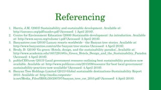 Referencing
1. Harris, J.M. (2003) Sustainability and sustainable development. Available at:
http://isecoeco.org/pdf/susdev.pdf (Accessed: 1 April 2016).
2. Centre for Environment Education (2008) Sustainable development: An introduction. Available
at: http://www.sayen.org/volume-i.pdf (Accessed: 2 April 2016).
3. Banyantree.com (2016) Luxury resorts worldwide - the Banyan tree stories. Available at:
http://www.banyantree.com/en/the-banyan-tree-stories (Accessed: 4 April 2016).
4. Brody, D. (2016) ‘Go green: Hotels, design, and the sustainability paradox’, Available at:
http://www.academia.edu/16572918/Go_Green_Hotels_Design_and_the_Sustainability_Paradox
(Accessed: 4 April 2016).
5. publicCEO.com (2013) Local government resource outlining best sustainability practices now
available. Available at: http://www.publicceo.com/2013/09/resource-for-best-local-government-
sustainability-practices-now-available/ (Accessed: 4 April 2016).
6. Banyan Tree Holdings Limited (2011) Global sustainable destinations-Sustainability Report
2010. Available at: http://media.corporate-
ir.net/Media_Files/IROL/20/200797/banyan_tree_csr_2010.pdf (Accessed: 4 April 2016).
 