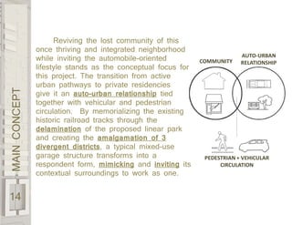MAINCONCEPT
14
PEDESTRIAN + VEHICULAR
CIRCULATION
COMMUNITY
AUTO-URBAN
RELATIONSHIP
Reviving the lost community of this
once thriving and integrated neighborhood
while inviting the automobile-oriented
lifestyle stands as the conceptual focus for
this project. The transition from active
urban pathways to private residencies
give it an auto-urban relationship tied
together with vehicular and pedestrian
circulation. By memorializing the existing
historic railroad tracks through the
delamination of the proposed linear park
and creating the amalgamation of 3
divergent districts, a typical mixed-use
garage structure transforms into a
respondent form, mimicking and inviting its
contextual surroundings to work as one.
 