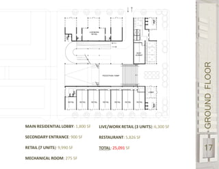GROUNDFLOOR
17
MAIN RESIDENTIAL LOBBY: 1,800 SF
SECONDARY ENTRANCE: 900 SF
RETAIL (7 UNITS): 9,990 SF
MECHANICAL ROOM: 275 SF
LIVE/WORK RETAIL (3 UNITS): 6,300 SF
RESTAURANT: 5,826 SF
TOTAL: 25,091 SF
LIVE/WORK
RETAIL
REST-
AURANT
RETAIL RETAIL RETAIL RETAIL RETAIL RETAIL RETAIL
LOBBY
PEDESTRIAN RAMP
 
