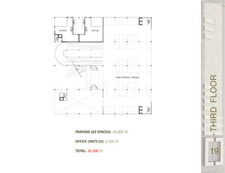 THIRDFLOOR
19
PARKING (62 SPACES): 28,800 SF
OFFICE UNITS (2): 6,500 SF
TOTAL: 35,300 SF
OFFICES OFFICES
PUBLIC/PRIVATE PARKING
 