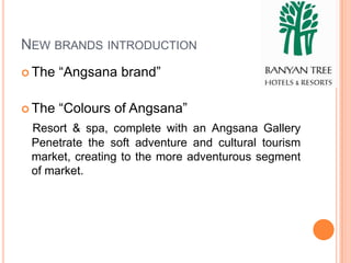 NEW BRANDS INTRODUCTION
 The   “Angsana brand”

 The   “Colours of Angsana”
 Resort & spa, complete with an Angsana Gallery
 Penetrate the soft adventure and cultural tourism
 market, creating to the more adventurous segment
 of market.
 