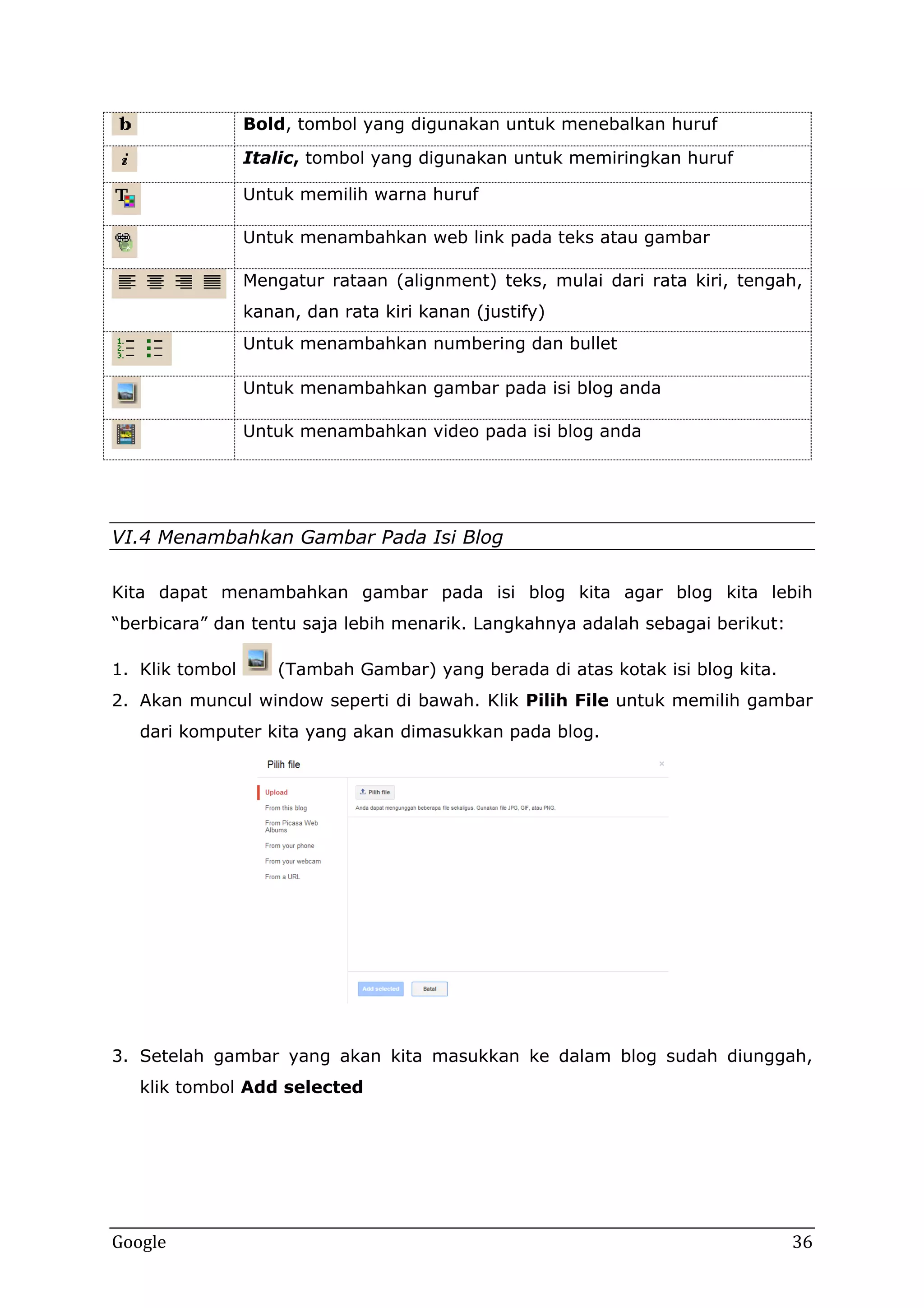 Bold, tombol yang digunakan untuk menebalkan huruf
Italic, tombol yang digunakan untuk memiringkan huruf
Untuk memilih warna huruf
Untuk menambahkan web link pada teks atau gambar
Mengatur rataan (alignment) teks, mulai dari rata kiri, tengah,
kanan, dan rata kiri kanan (justify)
Untuk menambahkan numbering dan bullet
Untuk menambahkan gambar pada isi blog anda
Untuk menambahkan video pada isi blog anda

VI.4 Menambahkan Gambar Pada Isi Blog
Kita dapat menambahkan gambar pada isi blog kita agar blog kita lebih
“berbicara” dan tentu saja lebih menarik. Langkahnya adalah sebagai berikut:
1. Klik tombol

(Tambah Gambar) yang berada di atas kotak isi blog kita.

2. Akan muncul window seperti di bawah. Klik Pilih File untuk memilih gambar
dari komputer kita yang akan dimasukkan pada blog.

3. Setelah gambar yang akan kita masukkan ke dalam blog sudah diunggah,
klik tombol Add selected

Google

36

 