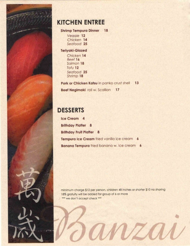 Banzai Japanese Restaurant NJ Menu