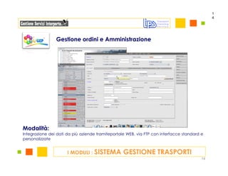 1
                                                                                              4




                Gestione ordini e Amministrazione




Modalità:
Integrazione dei dati da più aziende tramiteportale WEB, via FTP con interfacce standard e
personalizzate


                      I MODULI : SISTEMA          GESTIONE TRASPORTI
                                                                                         14
 