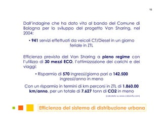 16




Dall’indagine che ha dato vita al bando del Comune di
Bologna per lo sviluppo del progetto Van Sharing, nel
2004:
  • 941 servizi effettuati da veicoli CT/Diesel in un giorno
                          feriale in ZTL

Efficienza prevista del Van Sharing a pieno regime con
l’utilizzo di 30 mezzi ECO, l’ottimizzazione dei carichi e dei
viaggi:
      • Risparmio di 570 ingressi/giorno pari a 142.500
                   ingressi/anno in meno
Con un risparmio in termini di km percorsi in ZTL di 1.860.00
 km/anno, per un totale di 7.627 tonn di CO2 in meno
                                            (calcolato su www.cabonify.com)




        Efficienza del sistema di distribuzione urbana
 
