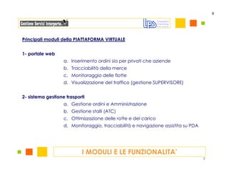 8




Principali moduli della PIATTAFORMA VIRTUALE


1- portale web
                   a. Inserimento ordini sia per privati che aziende
                   b. Tracciabilità della merce
                   c. Monitoraggio delle flotte
                   d. Visualizzazione del traffico (gestione SUPERVISORE)


2- sistema gestione trasporti
                   a. Gestione ordini e Amministrazione
                   b. Gestione stalli (ATC)
                   c. Ottimizzazione delle rotte e del carico
                   d. Monitoraggio, tracciabilità e navigazione assistita su PDA




                           I MODULI E LE FUNZIONALITA’
                                                                                   8
 