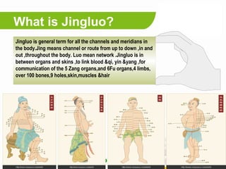What is Jingluo?
Jingluo is general term for all the channels and meridians in
the body.Jing means channel or route from u...