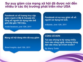 Sự suy giảm của mạng xã hội đã được nói đến
nhiều ở các thị trường phát triển như USA

Facebook có số lượng truy cập
giảm mạnh ở Mỹ & Canada khi         Facebook có sự suy giảm về số
tổng số người sử dụng trên thế      người sử dụng trẻ tuổi.
giới đạt gần 700 triệu.
                                    softpedia, June 12th, 2011
Inside facebook, june 12th, 2011




                                    CÙNG CÔ ĐƠN
Mạng xã hội đang trên đà suy giảm
                                    Tại sao chúng ta kỳ vọng nhiều
                                    hơn vào công nghệ, nhưng trông
                                    đợi vào nhau lại ít hơn trước?
Smart Insights, April 12th, 2011
                                    By Sherry Turkle
 