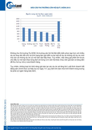 BÁOCÁOPHÂNTÍCH2015
7
BÁO CÁO THỊ TRƯỜNG CĂN HỘ QUÝ 2 NĂM 2015
Bản quyền thuộc CafeLand 2015. Vui lòng đọc khuyến cáo ở trang cuối của bài này.
www.cafeland.vn
KHUYẾN CÁO
Bản báo cáo này được chuẩn bị cho mục đích duy nhất là cung cấp thông tin và không nhằm đưa ra bất kỳ đề nghị hay hướng dẫn mua bán Bất động
sản cụ thể nào. Các quan điểm và khuyến cáo được trình bày trong bản báo cáo này không tính đến sự khác biệt về mục tiêu, nhu cầu, chiến lược
và hoàn cảnh cụ thể của từng nhà đầu tư. Ngoài ra, nhà đầu tư cũng ý thức được có thể có các xung đột lợi ích ảnh hưởng đến tính khách quan của
bản báo cáo này. Nhà đầu tư nên xem báo cáo này như một nguồn tham khảo khi đưa ra quyết định đầu tư và phải chịu toàn bộ trách nhiệm đối với
quyết định đầu tư của chính mình. CafeLand tuyệt đối không chịu trách nhiệm đối với toàn bộ hay bất kỳ thiệt hại nào, hay sự kiện bị coi là thiệt hại,
đối với việc sử dụng toàn bộ hoặc từng phần thông tin hay kiến nghị nào của bản báo cáo này. Toàn bộ các quan điểm thể hiện trong báo cáo này
đều là quan điểm cá nhân của người phân tích. Không có bất kỳ một phần thu nhập nào của người phân tích liên quan trực tiếp hoặc gián tiếp đến
các khuyến cáo hay quan điểm cụ thể trong bản cáo cáo này.
Thông tin sử dụng trong báo cáo này được CafeLand thu thập từ những nguồn mà chúng tôi cho là đáng tin cậy. Tuy nhiên, chúng tôi không đảm bảo
rằng những thông tin này là hoàn chỉnh hoặc chính xác. Các quan điểm và ước tính trong đánh giá của chúng tôi có giá trị đến ngày ra báo cáo và có
thể thay đối mà không cần báo cáo trước.
Bản báo cáo này được giữ bản quyền và là tài sản của CafeLand. Mọi sự sao chép, chuyển giao hoặc sửa đổi trong bất kỳ trường hợp nào mà không
có sự đồng ý của CafeLand đều trái pháp luật.
Không như thị trường Tp.HCM, thị trường căn hộ Hà Nội diễn biến phức tạp hơn với nhiều
dự án thay tên đổi chủ và tình trạng làm giá diễn ra tại một số dự án không chỉ dự án mới
mà còn cả những dự án cũ mở bán đợt tiếp theo. Tuy nhiên, việc tăng giá phần lớn là do
chủ đầu tư mở bán theo từng đợt với từng vị trí căn hộ khác nhau nên giá bán có tăng dần
để thu hút sự chú ý của khách hàng.
Tuy nhiên, không loại trừ khả năng giá bán tại các dự án sẽ tăng khi Luật Kinh doanh bất
động sản chính thức có hiệu lực từ ngày 1/7, quy định khi bán nhà hình thành trong tương
lai phải có ngân hàng bảo lãnh.
 