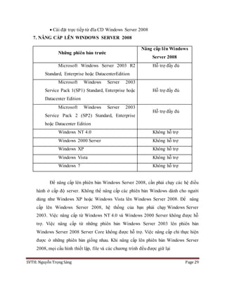 SVTH: Nguyễn Trọng Sáng Page 29
 Cài đặt trực tiếp từ đĩa CD Windows Server 2008
7. NÂNG CẤP LÊN WINDOWS SERVER 2008
Để nâng cấp lên phiên bản Windows Server 2008, cần phải chạy các hệ điều
hành ở cấp độ server. Không thể nâng cấp các phiên bản Windows dành cho người
dùng như Windows XP hoặc Windows Vista lên Windows Server 2008. Để nâng
cấp lên Windows Server 2008, hệ thống của bạn phải chạy Windows Server
2003. Việc nâng cấp từ Windows NT 4.0 và Windows 2000 Server không được hỗ
trợ. Việc nâng cấp từ những phiên bản Windows Server 2003 lên phiên bản
Windows Server 2008 Server Core không được hỗ trợ. Việc nâng cấp chỉ thực hiện
được ở những phiên bản giống nhau. Khi nâng cấp lên phiên bản Windows Server
2008, mọi cấu hình thiết lập, file và các chương trình đều được giữ lại
Những phiên bản trước
Nâng cấp lên Windows
Server 2008
Microsoft Windows Server 2003 R2
Standard, Enterprise hoặc DatacenterEdition
Hỗ trợ đầy đủ
Microsoft Windows Server 2003
Service Pack 1(SP1) Standard, Enterprise hoặc
Datacenter Edition
Hỗ trợ đầy đủ
Microsoft Windows Server 2003
Service Pack 2 (SP2) Standard, Enterprise
hoặc Datacenter Edition
Hỗ trợ đầy đủ
Windows NT 4.0 Không hỗ trợ
Windows 2000 Server Không hỗ trợ
Windows XP Không hỗ trợ
Windows Vista Không hỗ trợ
Windows 7 Không hỗ trợ
 
