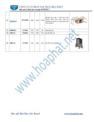 CÔNG TY CỔ PHẦN NỘI THẤT HÒA PHÁT
Báo giá có hiệu lực từ ngày 01/08/2017
Báo giá Bàn làm việc Royal www.hoaphat.net
12
HRMD10
8.912.000 2800 1406 1100
Modul làm việc 4 chỗ hộc liền,
khung thép tam giác, mặt gỗ
Melamine. Modul có vách ngăn kính
trên mặt bàn.
13 HRBF01 167.000 650 350 18 Bàn phím gỗ
14 HRC01 280.000 450 260 170 Kệ để CPU gỗ
15 HRC02 177.000 480 260 230 Kệ CPU tôn di động
 