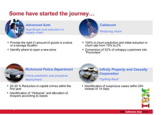 Some have started the journey…
              Advanced Auto                                       Cablecom
              Significant cost reduction in
              supply chain                                        Reducing churn


• Provide the right (!) amount of goods in a store   • 100% in churn prediction and initial reduction in
  or a storage location                                churn rate from 19% to 2%
• Identify where to open a new store                 • Conversion of 53% of unhappy customers into
                                                       “Promoters”




              Richmond Police Department                          Infinity Property and Casualty
                                                                  Corporation
              Crime prediction and proactive
              deployment                                          Fighting fraud

• 20-30 % Reduction in capital crimes within the     • Identification of suspicious cases within 24h
  first year                                           instead of 14 days
• Identification of “Hotspots” and allocation of
  troopers according to needs



     8
 