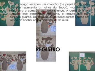 Cada criança recebeu um coração (de papel Kraft), este 
coração representa as folhas do Baobá, mas também 
representa o coração de cada criança. A cada uma foi 
sugerido que desenhasse, na folha, o tesouro que seu 
coração guarda. Em seguida, os corações foram colado no 
tronco do Baobá, na parede da sala de aula. 
REGISTRO 
 