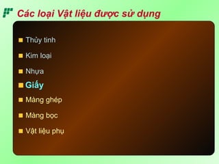 Các loại Vật liệu được sử dụng
Thủy tinh
Kim loại
Nhựa
Giấy
Màng ghép
Màng bọc
Vật liệu phụ
 