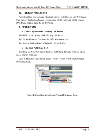 Nghiên cứu và triển khai hệ thống ISA Server 2006 GVHD:VÕ ĐỖ THẮNG
SVTT: THẨM ĐỨC HỮU Trang 28
IV. SERVER PUBLISHING
Publishing Rule cho phép các Clients từ Internet có thể kết nối vào Web Server,
Mail Server, Application Server, .. trong mạng nội bộ (Internal), có thể sử dụng
DNS Name hoặc sử dụng địa chỉ IP Public.
1. PUBLISH DNS
a. Cài đặt dịch vụ DNS trên máy ISA Server
Tiến hành cài đặt dịch vụ DNS trên máy ISA Server.
Tạo Forward Lookup Zones với tên miền Athena.com.vn.
Tạo Reverse Lookup Zones với địa chỉ 192.168.1.0/24.
b. Cấu hình Publishing DNS
Tiến hang tạo Non-Web Server Protocol Publishing Rule cho phép các Client
ngoài Internet phân giải.
Bước 1: Phải chuột tại Filewall policy -> New -> Non-Web Server Protocol
Publishing Rule.
Hình 5.1: Chọn Non-Web Server Protocol Publishing Rule.
 
