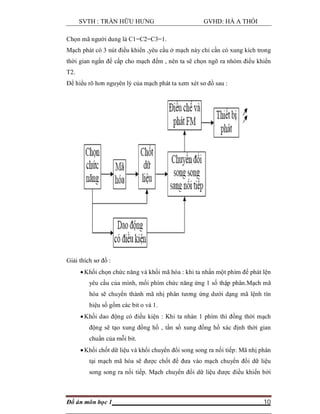 SVTH : TRẦN HỮU HƯNG GVHD: HÀ A THỒI
Đồ án môn học 1 10
Chọn mã người dung là C1=C2=C3=1.
Mạch phát có 3 nút điều khiển ,yêu cầu ở mạch này chỉ cần có xung kích trong
thời gian ngắn để cấp cho mạch đếm , nên ta sẽ chọn ngõ ra nhóm điều khiển
T2.
Để hiểu rõ hơn nguyên lý của mạch phát ta xem xét sơ đồ sau :
Giải thích sơ đồ :
 Khối chọn chức năng và khối mã hóa : khi ta nhấn một phím để phát lện
yêu cầu của mình, mối phím chức năng ứng 1 số thập phân.Mạch mã
hóa sẽ chuyển thành mã nhị phân tương ứng dưới dạng mã lệnh tín
hiệu số gồm các bit o và 1.
 Khối dao động có điều kiện : Khi ta nhán 1 phím thì đồng thời mạch
động sẽ tạo xung đồng hồ , tần số xung đồng hồ xác định thời gian
chuẩn của mỗi bit.
 Khối chốt dữ liệu và khối chuyển đổi song song ra nối tiếp: Mã nhị phân
tại mạch mã hóa sẽ được chốt để đưa vào mạch chuyển đổi dữ liệu
song song ra nối tiếp. Mạch chuyển đổi dữ liệu được điều khiển bởi
 