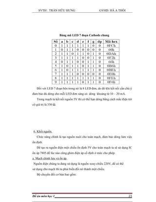 SVTH : TRẦN HỮU HƯNG GVHD: HÀ A THỒI
Đồ án môn học 1 23
Bảng mã LED 7 đoạn Cathode chung
Đối với LED 7 đoạn bên trong nó là 8 LED đơn, do đó khi kết nối cần chú ý
đảm bảo đủ dòng cho mỗi LED đơn sáng có dòng khoảng từ 10 – 20 mA.
Trong mạch ta kết nối nguồn 5V thì có thể hạn dòng bằng cách mắc điện trở
có giá trị là 330 Ω.
6. Khối nguồn.
Chức năng chính là tạo nguồn nuôi cho toàn mạch, đảm bảo dòng làm việc
ổn định.
Để tạo ra nguồn điện một chiều ổn định 5V cho toàn mạch ta sẽ sử dụng IC
ổn áp 7805 để lúc nào cũng ghim điện áp cố định ở mức cho phép.
a. Mạch chỉnh lưu và ổn áp.
Nguồn điện chúng ta đang sử dụng là nguồn xoay chiều 220V, để có thể
sử dụng cho mạch thì ta phải biến đổi nó thành một chiều.
Bộ chuyển đổi cơ bản bao gồm:
 