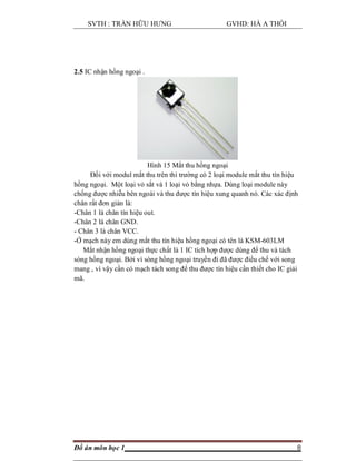 SVTH : TRẦN HỮU HƯNG GVHD: HÀ A THỒI
Đồ án môn học 1 8
2.5 IC nhận hồng ngoại .
Hình 15 Mắt thu hồng ngoại
Đối với modul mắt thu trên thì trường có 2 loại module mắt thu tín hiệu
hồng ngoại. Một loại vỏ sắt và 1 loại vỏ bằng nhựa. Dùng loại module này
chống được nhiễu bên ngoài và thu được tín hiệu xung quanh nó. Các xác định
chân rất đơn giản là:
-Chân 1 là chân tín hiệu out.
-Chân 2 là chân GND.
- Chân 3 là chân VCC.
-Ở mạch này em dùng mắt thu tín hiệu hồng ngoại có tên là KSM-603LM
Mắt nhận hồng ngoại thực chất là 1 IC tích hợp được dùng để thu và tách
sóng hồng ngoại. Bởi vì sóng hồng ngoại truyền đi đã được điều chế với song
mang , vì vậy cần có mạch tách song để thu được tín hiệu cần thiết cho IC giải
mã.
 