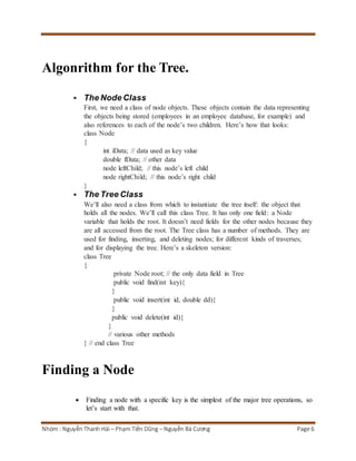 Algonrithm for the Tree. 
 The Node Class 
First, we need a class of node objects. These objects contain the data representing 
the objects being stored (employees in an employee database, for example) and 
also references to each of the node’s two children. Here’s how that looks: 
class Node 
{ 
int iData; // data used as key value 
double fData; // other data 
node leftChild; // this node’s left child 
node rightChild; // this node’s right child 
} 
 The Tree Class 
We’ll also need a class from which to instantiate the tree itself: the object that 
holds all the nodes. We’ll call this class Tree. It has only one field: a Node 
variable that holds the root. It doesn’t need fields for the other nodes because they 
are all accessed from the root. The Tree class has a number of methods. They are 
used for finding, inserting, and deleting nodes; for different kinds of traverses; 
and for displaying the tree. Here’s a skeleton version: 
class Tree 
{ 
private Node root; // the only data field in Tree 
public void find(int key){ 
} 
public void insert(int id, double dd){ 
} 
public void delete(int id){ 
} 
// various other methods 
} // end class Tree 
Finding a Node 
 Finding a node with a specific key is the simplest of the major tree operations, so 
let’s start with that. 
Nhóm : Nguyễn Thanh Hải – Phạm Tiến Dũng – Nguyễn Bá Cương Page 6 
 