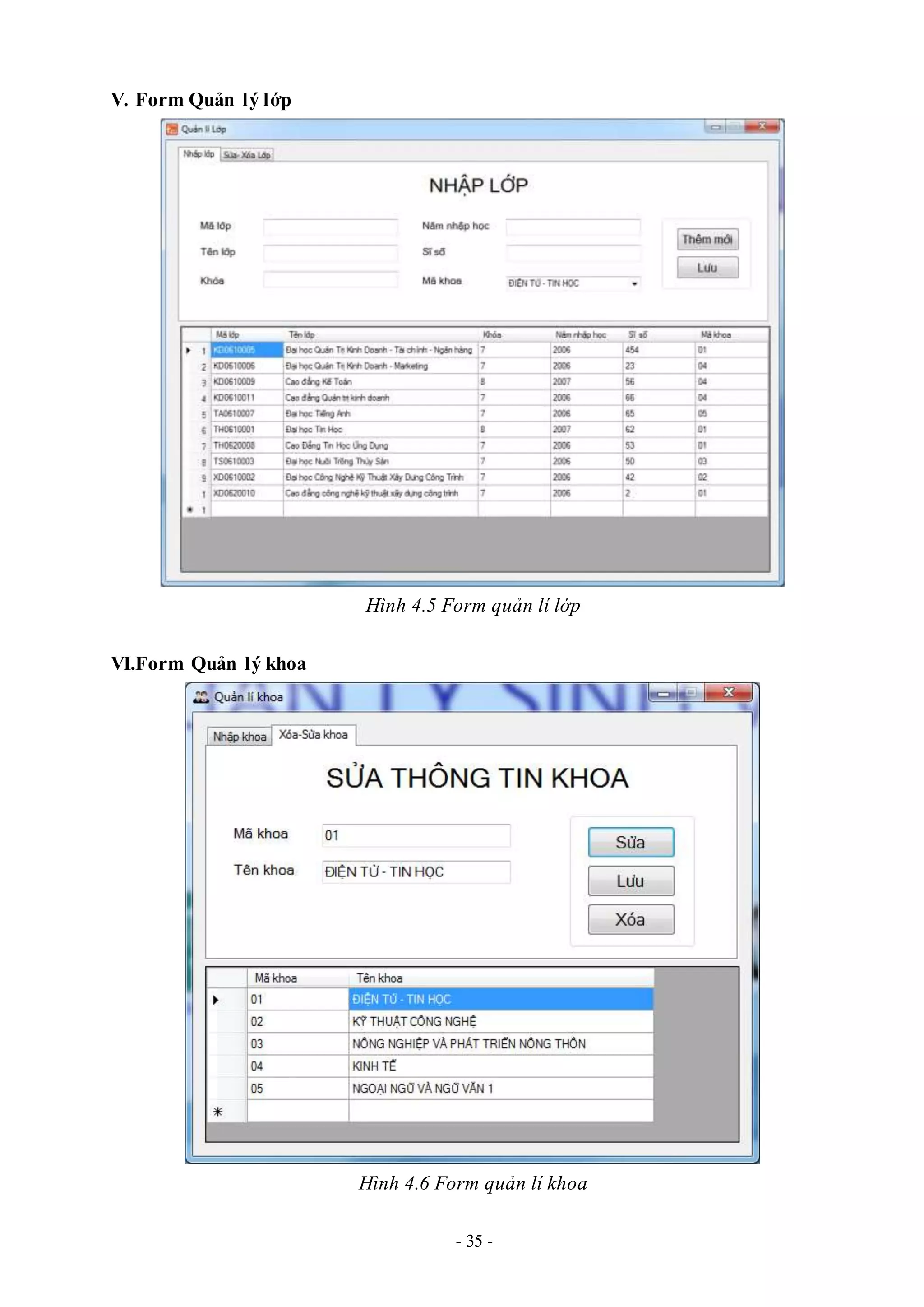 - 35 -
V. Form Quản lý lớp
Hình 4.5 Form quản lí lớp
VI.Form Quản lý khoa
Hình 4.6 Form quản lí khoa
 