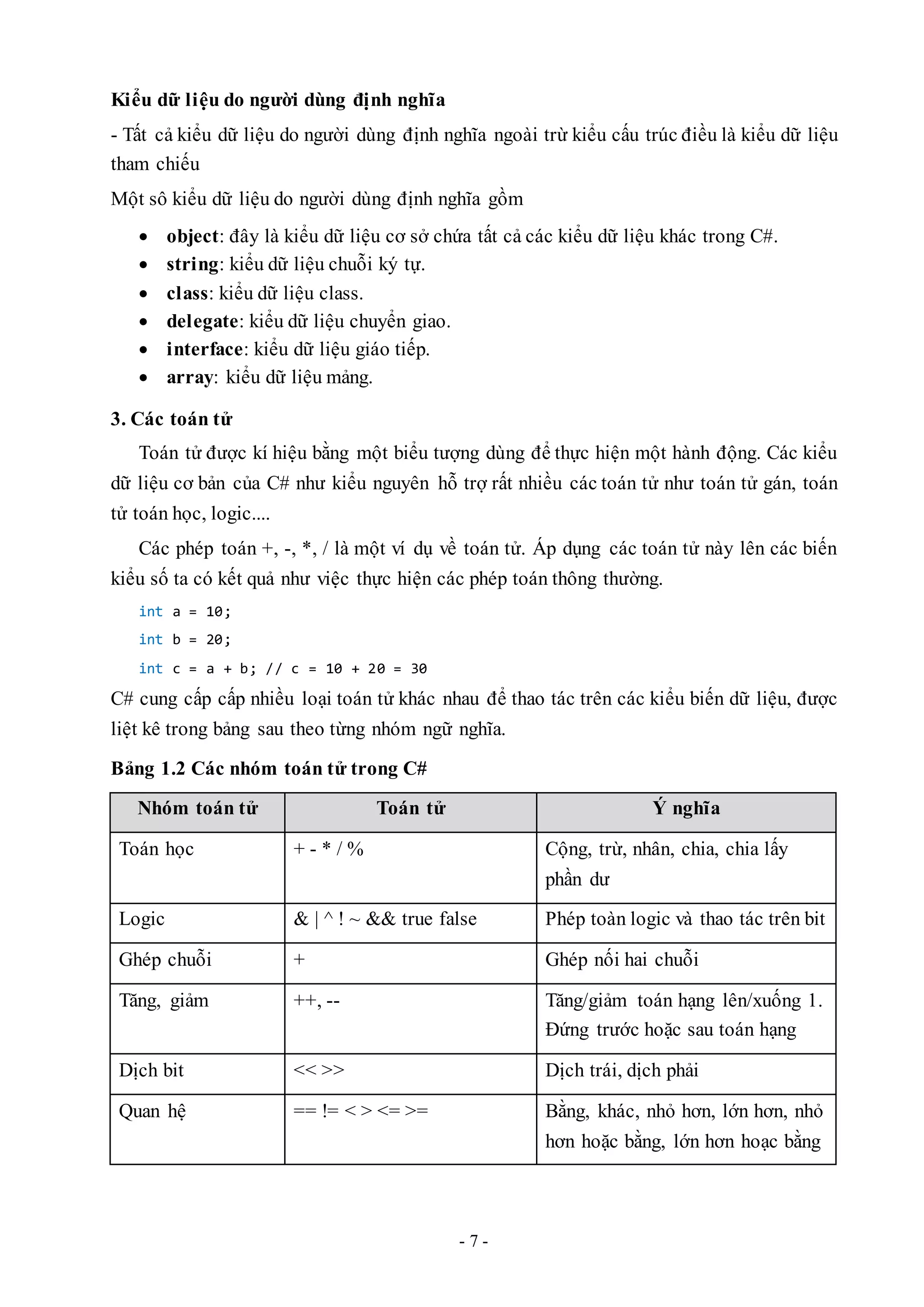- 7 -
Kiểu dữ liệu do người dùng định nghĩa
- Tất cả kiểu dữ liệu do người dùng định nghĩa ngoài trừ kiểu cấu trúc điều là kiểu dữ liệu
tham chiếu
Một sô kiểu dữ liệu do người dùng định nghĩa gồm
 object: đây là kiểu dữ liệu cơ sở chứa tất cả các kiểu dữ liệu khác trong C#.
 string: kiểu dữ liệu chuỗi ký tự.
 class: kiểu dữ liệu class.
 delegate: kiểu dữ liệu chuyển giao.
 interface: kiểu dữ liệu giáo tiếp.
 array: kiểu dữ liệu mảng.
3. Các toán tử
Toán tử được kí hiệu bằng một biểu tượng dùng để thực hiện một hành động. Các kiểu
dữ liệu cơ bản của C# như kiểu nguyên hỗ trợ rất nhiều các toán tử như toán tử gán, toán
tử toán học, logic....
Các phép toán +, -, *, / là một ví dụ về toán tử. Áp dụng các toán tử này lên các biến
kiểu số ta có kết quả như việc thực hiện các phép toán thông thường.
int a = 10;
int b = 20;
int c = a + b; // c = 10 + 20 = 30
C# cung cấp cấp nhiều loại toán tử khác nhau để thao tác trên các kiểu biến dữ liệu, được
liệt kê trong bảng sau theo từng nhóm ngữ nghĩa.
Bảng 1.2 Các nhóm toán tử trong C#
Nhóm toán tử Toán tử Ý nghĩa
Toán học + - * / % Cộng, trừ, nhân, chia, chia lấy
phần dư
Logic & | ^ ! ~ && true false Phép toàn logic và thao tác trên bit
Ghép chuỗi + Ghép nối hai chuỗi
Tăng, giảm ++, -- Tăng/giảm toán hạng lên/xuống 1.
Đứng trước hoặc sau toán hạng
Dịch bit << >> Dịch trái, dịch phải
Quan hệ == != < > <= >= Bằng, khác, nhỏ hơn, lớn hơn, nhỏ
hơn hoặc bằng, lớn hơn hoạc bằng
 