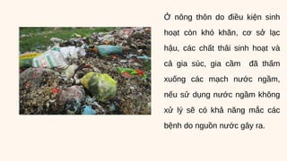 Ở nông thôn do điều kiện sinh
hoạt còn khó khăn, cơ sở lạc
hậu, các chất thải sinh hoạt và
cả gia súc, gia cầm đã thấm
xuống các mạch nước ngầm,
nếu sử dụng nước ngầm không
xử lý sẽ có khả năng mắc các
bệnh do nguồn nước gây ra.
 