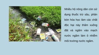 Nhiều hộ nông dân còn sử
dụng thuốc trừ sâu, phân
bón hóa học làm các chất
độc hại này thấm xuống
đất và ngấm vào mạch
nước ngầm làm ô nhiễm
môi trường nước ngầm.
 