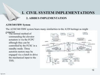 19
I. CIVIL SYSTEM IMPLEMENTATIONS
2. AIRBUS IMPLEMENTATION
A330/340 FBW System
The A330/340 FBW system bears many similarities to the A320 heritage as might
expected.
• The normal method of
commanding the elevator
actuators is via the FCPC
although they can be
controlled by the FCSC in a
standby mode. Three
autotrim motors may be
engaged via a clutch to drive
the mechanical input to the
THS.
 