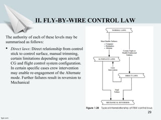 29
II. FLY-BY-WIRE CONTROL LAW
The authority of each of these levels may be
summarised as follows:
 Direct laws: Direct relationship from control
stick to control surface, manual trimming,
certain limitations depending upon aircraft
CG and flight control system configuration.
In certain specific cases crew intervention
may enable re-engagement of the Alternate
mode. Further failures result in reversion to
Mechanical
 