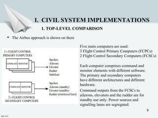 9
 The Airbus approach is shown on there
I. CIVIL SYSTEM IMPLEMENTATIONS
1. TOP-LEVEL COMPARISON
Five main computers are used:
3 Flight Control Primary Computers (FCPCs)
2 Flight Control Secondary Computers (FCSCs)
Each computer comprises command and
monitor elements with different software.
The primary and secondary computers
have different architectures and different
hardware.
Command outputs from the FCSCs to
ailerons, elevators and the rudder are for
standby use only. Power sources and
signalling lanes are segregated.
 