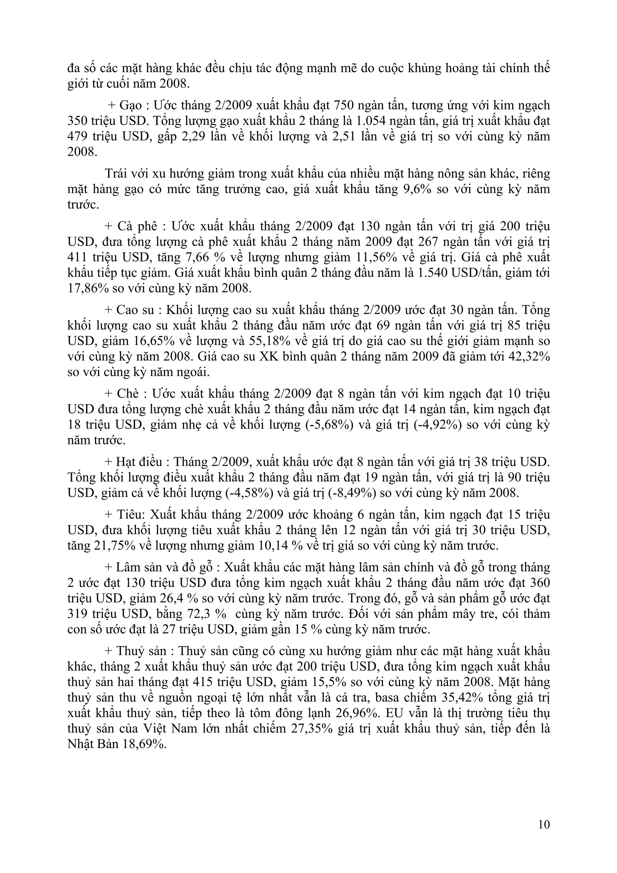 đa số các mặt hàng khác đều chịu tác động mạnh mẽ do cuộc khủng hoảng tài chính thế
giới từ cuối năm 2008.
        + Gạo : Ước tháng 2/2009 xuất khẩu đạt 750 ngàn tấn, tương ứng với kim ngạch
350 triệu USD. Tổng lượng gạo xuất khẩu 2 tháng là 1.054 ngàn tấn, giá trị xuất khẩu đạt
479 triệu USD, gấp 2,29 lần về khối lượng và 2,51 lần về giá trị so với cùng kỳ năm
2008.
       Trái với xu hướng giảm trong xuất khẩu của nhiều mặt hàng nông sản khác, riêng
mặt hàng gạo có mức tăng trưởng cao, giá xuất khẩu tăng 9,6% so với cùng kỳ năm
trước.
       + Cà phê : Ước xuất khẩu tháng 2/2009 đạt 130 ngàn tấn với trị giá 200 triệu
USD, đưa tổng lượng cà phê xuất khẩu 2 tháng năm 2009 đạt 267 ngàn tấn với giá trị
411 triệu USD, tăng 7,66 % về lượng nhưng giảm 11,56% về giá trị. Giá cà phê xuất
khẩu tiếp tục giảm. Giá xuất khẩu bình quân 2 tháng đầu năm là 1.540 USD/tấn, giảm tới
17,86% so với cùng kỳ năm 2008.
       + Cao su : Khối lượng cao su xuất khẩu tháng 2/2009 ước đạt 30 ngàn tấn. Tổng
khối lượng cao su xuất khẩu 2 tháng đầu năm ước đạt 69 ngàn tấn với giá trị 85 triệu
USD, giảm 16,65% về lượng và 55,18% về giá trị do giá cao su thế giới giảm mạnh so
với cùng kỳ năm 2008. Giá cao su XK bình quân 2 tháng năm 2009 đã giảm tới 42,32%
so với cùng kỳ năm ngoái.
       + Chè : Ước xuất khẩu tháng 2/2009 đạt 8 ngàn tấn với kim ngạch đạt 10 triệu
USD đưa tổng lượng chè xuất khẩu 2 tháng đầu năm ước đạt 14 ngàn tấn, kim ngạch đạt
18 triệu USD, giảm nhẹ cả về khối lượng (-5,68%) và giá trị (-4,92%) so với cùng kỳ
năm trước.
      + Hạt điều : Tháng 2/2009, xuất khẩu ước đạt 8 ngàn tấn với giá trị 38 triệu USD.
Tổng khối lượng điều xuất khẩu 2 tháng đầu năm đạt 19 ngàn tấn, với giá trị là 90 triệu
USD, giảm cả về khối lượng (-4,58%) và giá trị (-8,49%) so với cùng kỳ năm 2008.
       + Tiêu: Xuất khẩu tháng 2/2009 ước khoảng 6 ngàn tấn, kim ngạch đạt 15 triệu
USD, đưa khối lượng tiêu xuất khẩu 2 tháng lên 12 ngàn tấn với giá trị 30 triệu USD,
tăng 21,75% về lượng nhưng giảm 10,14 % về trị giá so với cùng kỳ năm trước.
       + Lâm sản và đồ gỗ : Xuất khẩu các mặt hàng lâm sản chính và đồ gỗ trong tháng
2 ước đạt 130 triệu USD đưa tổng kim ngạch xuất khẩu 2 tháng đầu năm ước đạt 360
triệu USD, giảm 26,4 % so với cùng kỳ năm trước. Trong đó, gỗ và sản phẩm gỗ ước đạt
319 triệu USD, bằng 72,3 % cùng kỳ năm trước. Đối với sản phẩm mây tre, cói thảm
con số ước đạt là 27 triệu USD, giảm gần 15 % cùng kỳ năm trước.
       + Thuỷ sản : Thuỷ sản cũng có cùng xu hướng giảm như các mặt hàng xuất khẩu
khác, tháng 2 xuất khẩu thuỷ sản ước đạt 200 triệu USD, đưa tổng kim ngạch xuất khẩu
thuỷ sản hai tháng đạt 415 triệu USD, giảm 15,5% so với cùng kỳ năm 2008. Mặt hàng
thuỷ sản thu về nguồn ngoại tệ lớn nhất vẫn là cá tra, basa chiếm 35,42% tổng giá trị
xuất khẩu thuỷ sản, tiếp theo là tôm đông lạnh 26,96%. EU vẫn là thị trường tiêu thụ
thuỷ sản của Việt Nam lớn nhất chiếm 27,35% giá trị xuất khẩu thuỷ sản, tiếp đến là
Nhật Bản 18,69%.




                                                                                     10
 