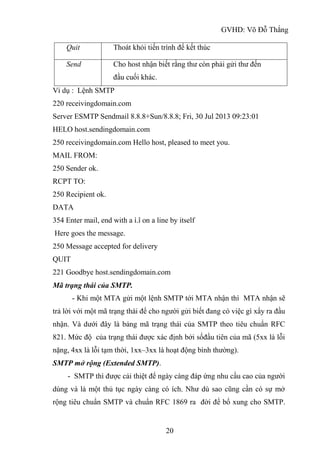 GVHD: Võ Đỗ Thắng
20
Ví dụ : Lệnh SMTP
220 receivingdomain.com
Server ESMTP Sendmail 8.8.8+Sun/8.8.8; Fri, 30 Jul 2013 09:23:01
HELO host.sendingdomain.com
250 receivingdomain.com Hello host, pleased to meet you.
MAIL FROM:
250 Sender ok.
RCPT TO:
250 Recipient ok.
DATA
354 Enter mail, end with a ì.î on a line by itself
Here goes the message.
250 Message accepted for delivery
QUIT
221 Goodbye host.sendingdomain.com
Mã trạng thái của SMTP.
- Khi một MTA gửi một lệnh SMTP tới MTA nhận thì MTA nhận sẽ
trả lời với một mã trạng thái để cho người gửi biết đang có việc gì xẩy ra đầu
nhận. Và dưới đây là bảng mã trạng thái của SMTP theo tiêu chuẩn RFC
821. Mức độ của trạng thái được xác định bởi sốđầu tiên của mã (5xx là lỗi
nặng, 4xx là lỗi tạm thời, 1xx–3xx là hoạt động bình thường).
SMTP mở rộng (Extended SMTP).
- SMTP thì được cải thiệt để ngày càng đáp ứng nhu cầu cao của người
dùng và là một thủ tục ngày càng có ích. Như dù sao cũng cần có sự mở
rộng tiêu chuẩn SMTP và chuẩn RFC 1869 ra đời để bổ xung cho SMTP.
Quit Thoát khỏi tiến trình để kết thúc
Send Cho host nhận biết rằng thư còn phải gửi thư đến
đầu cuối khác.
 