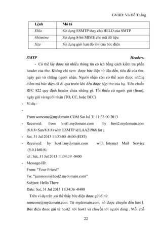 GVHD: Võ Đỗ Thắng
22
Lệnh Mô tả
Ehlo Sử dụng ESMTP thay cho HELO của SMTP
8bitmime Sử dụng 8-bit MIME cho mã dữ liệu
Size Sử dụng giới hạn độ lớn của bức điện
SMTP Headers.
- Có thể lấy được rất nhiều thông tin có ích bằng cách kiểm tra phần
header của thư. Không chỉ xem được bức điện từ đâu đến, tiêu đề của thư,
ngày gửi và những người nhận. Người nhận còn có thể xem được những
điểm mà bức điện đã đi qua trước khi đến được hộp thư của họ. Tiêu chuẩn
RFC 822 quy định header chứa những gì. Tối thiểu có người gửi (from),
ngày gửi và người nhận (TO, CC, hoặc BCC)
- Ví dụ :
-
From someone@mydomain.COM Sat Jul 31 11:33:00 2013
- Received: from host1.mydomain.com by host2.mydomain.com
(8.8.8+Sun/8.8.8) with ESMTP id LAA21968 for ;
- Sat, 31 Jul 2013 11:33:00 -0400 (EDT)
- Received: by host1.mydomain.com with Internet Mail Service
(5.0.1460.8)
id ; Sat, 31 Jul 2013 11:34:39 -0400
- Message-ID:
From: "Your Friend"
To: "'jamisonn@host2.mydomain.com'"
Subject: Hello There
Date: Sat, 31 Jul 2013 11:34:36 -0400
Trên ví dụ trên ,có thể thấy bức điện được gửi đi từ
someone@mydomain.com. Từ mydomain.com, nó được chuyển đến host1.
Bức điện được gửi từ host2 tới host1 và chuyển tới người dùng . Mỗi chỗ
 